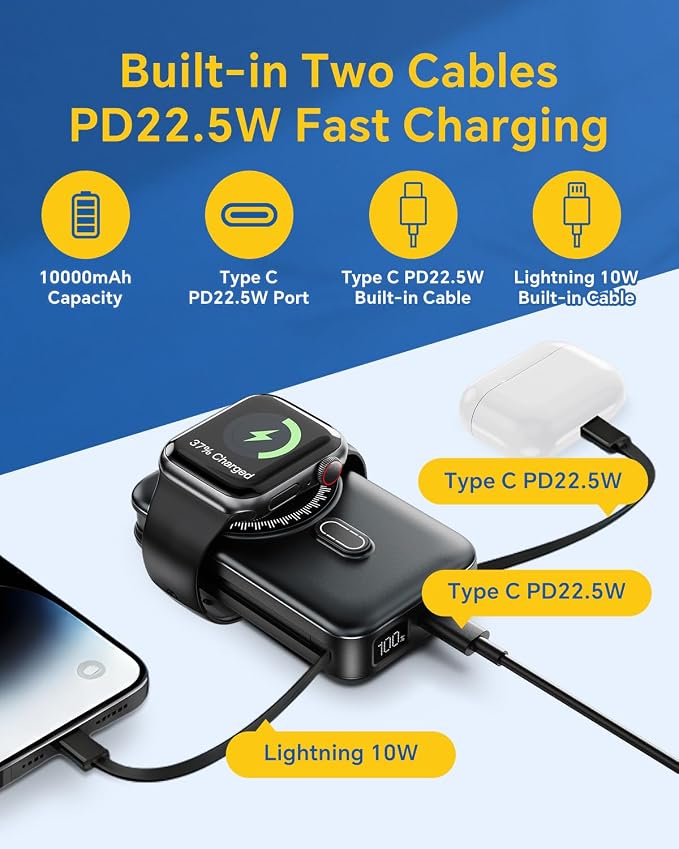 DR.HILL Magnetic Battery Pack Real Capacity 10000mAh, 22.5W Fast Charging Portable Charger with Built-in Cables & AC Wall Plug, Foldable Stand Power Bank for Apple Watch Phone 17/16/15/14/13 (Black)