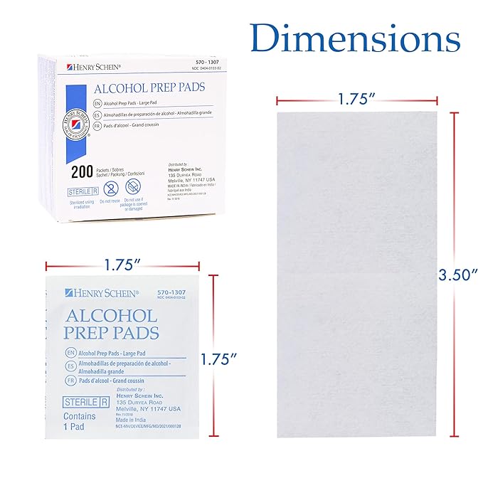 Henry Schein Large Alcohol Prep Pads (2 Boxes, 400 Total) – 70% Isopropyl Alcohol Wipes, Individually Wrapped – 2-Ply, Textured – Skin Prep Alcohol Swabs – Sterile Pads