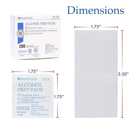 Henry Schein Large Alcohol Prep Pads (2 Boxes, 400 Total) – 70% Isopropyl Alcohol Wipes, Individually Wrapped – 2-Ply, Textured – Skin Prep Alcohol Swabs – Sterile Pads