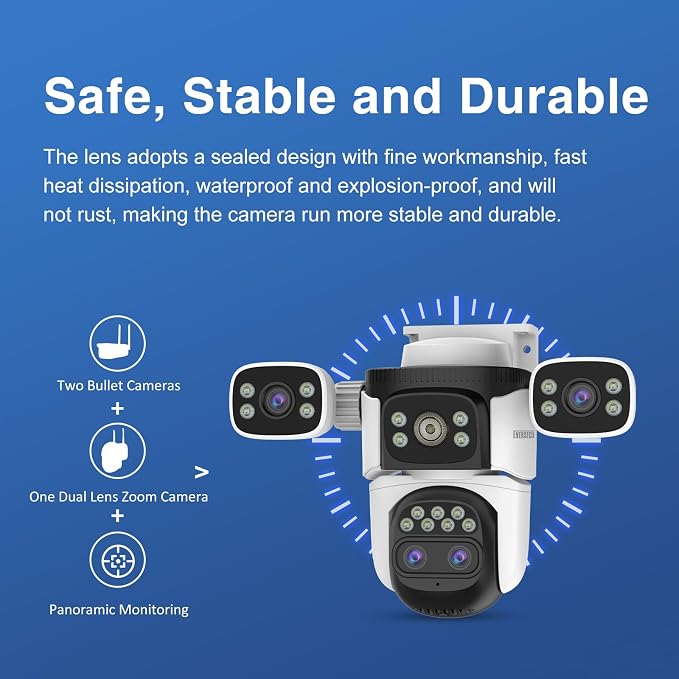 EVERSECU 10x Hybrid Zoom Quad Lens WiFi PTZ Security Camera, Triple Cameras in One, Side Cameras with Adjustable All-Angle Arm, 2K 360° View No Blind Spot, Auto Tracking, Spotlight, 2 Way Audio