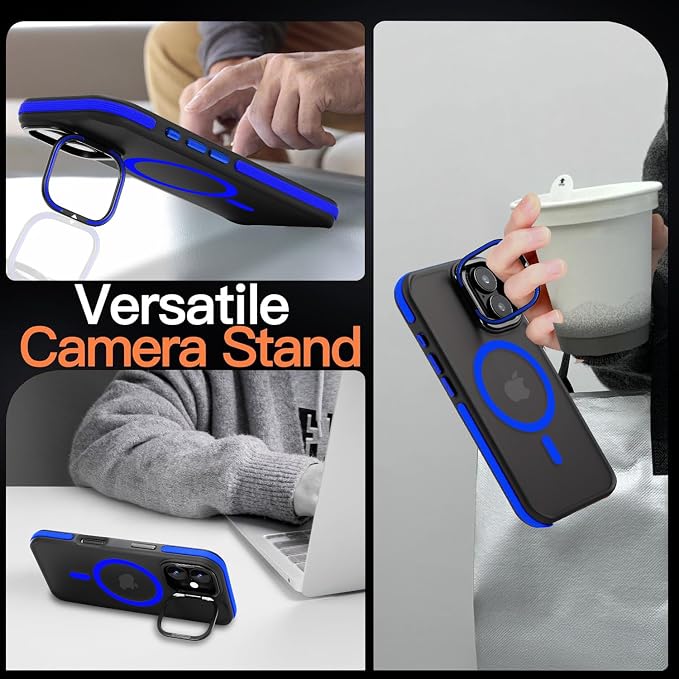 Magnetic case for iPhone 16 [10Ft Military-Grade Protection] Built-in Camera Stand Phone case, Compatible with fit MagSafe Shockproof Slim Thin Cover 6.1 inch,Blue Bumper Stand