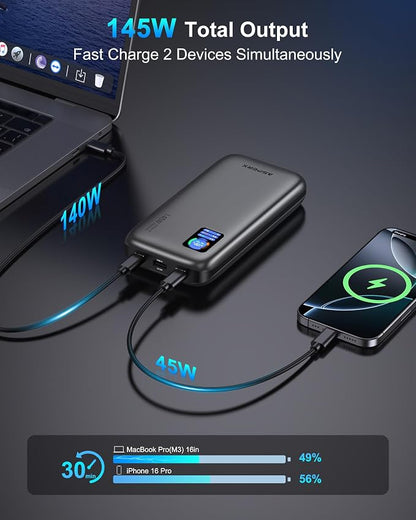 AsperX Laptop Power Bank, 25,000mAh 140W PD 3.1 Fast Charging Portable Charger, TFT Smart Display USB C Battery Pack(92.5Wh) for MacBook/iPhone 17/Dell XPS/Galaxy S25/Steam Deck/ipad (Flight-Approved)
