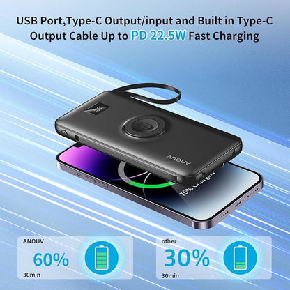 Portable Charger 10000mAh 22.5W PD 3.0+QC 4.0 Super Fast Charging Power Bank, Built-in Cables & AC Wall Plug & Magnetic Wireless iWatch Charger, USB-C Battery Pack for iPhone/Samsung/Apple Watch, etc