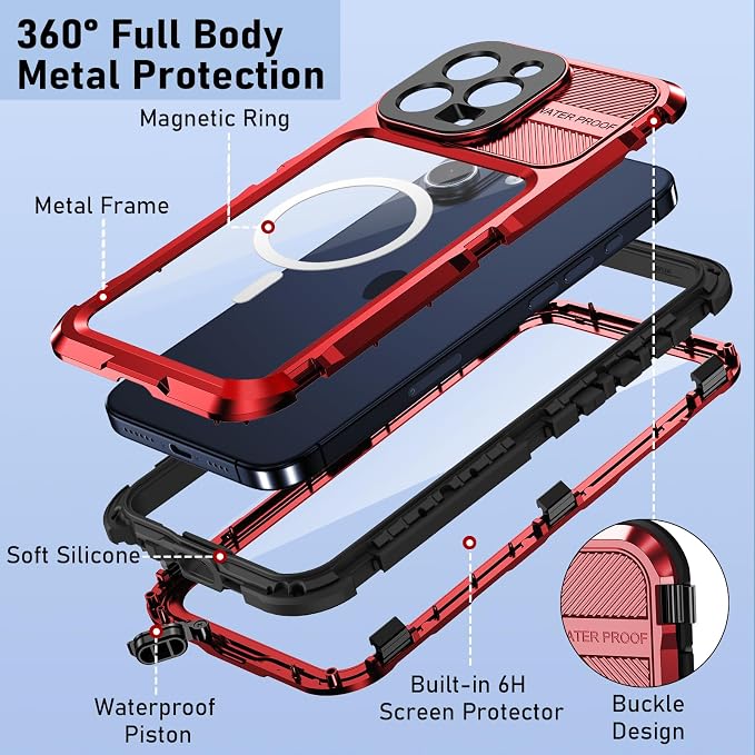 WIFORT for iPhone 16 Pro Waterproof Case - Metal Heavy Duty [Built-in Screen Protector] [14FT Military Shockproof] [Fit for MagSafe], IP68 Full Body Rugged Water Proof Magnetic Cover, 6.3" Red