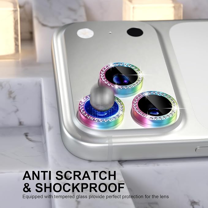 Choiche Compatible for iPhone 17 Pro/iPhone 17 Pro Max Camera Lens Protector Bling, 9H Tempered Glass Camera Cover Screen Protector Metal Ring Decoration Accessories (Diamond-Colorful)