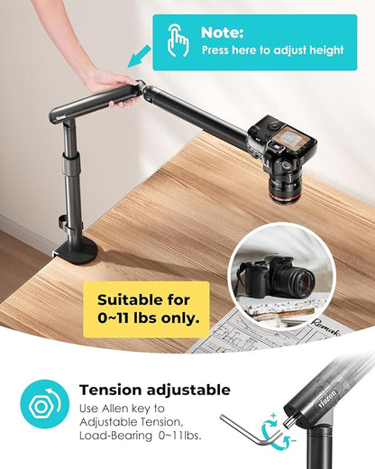 Viozon Overhead Camera Mount, Overhead Phone Stand, Flexible Aluminum Alloy Spring Arm with 360° Ball Head,1/4"&3/8" Interface for DSLR Camera/Rrojector/Microphone/Ring Light/Webcam/Phone