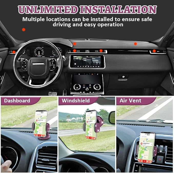 eing Car Phone Mount Cell Phone Holder with One More Air Vent Base,Bling Crystal Universal Phone Mount Holder Cradle for Dashboard,Windshield and Air Vent,Purple