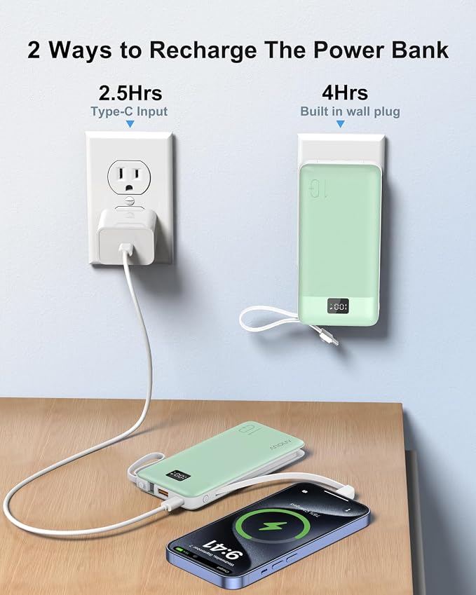 Portable Charger 10000mAh 22.5W PD 3.0+QC 4.0 Super Fast Charging Power Bank with Built-in Cables & AC Wall Plug, Slim External USB C Battery Pack for iPhone 17/16/15/14/13, Android, Samsung, iPad,etc