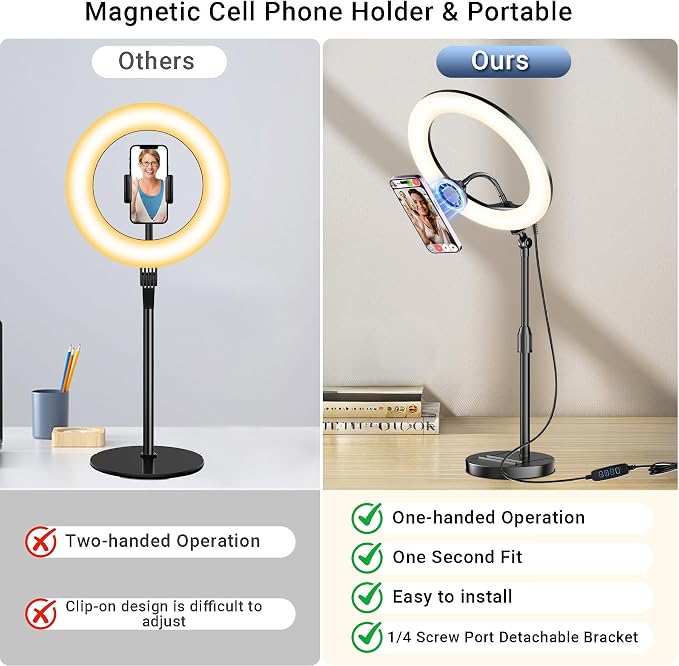 Desk Ring Light with Magnetic Phone Holder, 10'' Video Conference Podcast Lighting Kit for Laptop Computer Monitor Zoom Call Streaming, 3 Color LED Halo Light with Adjustable Stand for Home Office