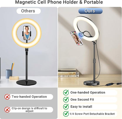 Desk Ring Light with Magnetic Phone Holder, 10'' Video Conference Podcast Lighting Kit for Laptop Computer Monitor Zoom Call Streaming, 3 Color LED Halo Light with Adjustable Stand for Home Office