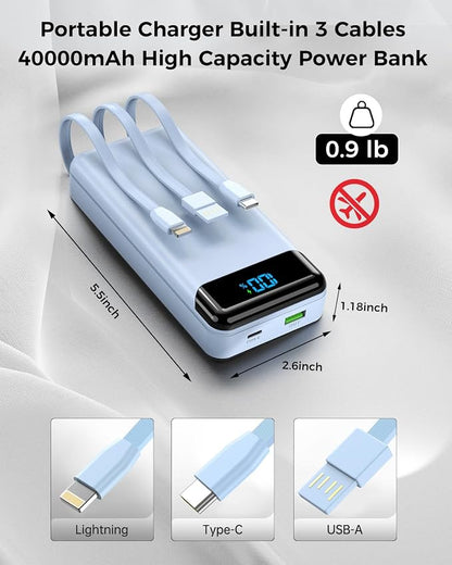 Portable Charger 40000mAh Power Bank, PD 22.5W Fast Charging | Built-in Cable, 4 Output 3 Input, Digital Display, Compatible with iPhone 17 16 15 14 13 Android