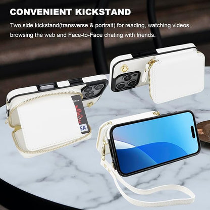 Bocasal for MagSafe Crossbody Wallet Case Compatible with iPhone 16 Pro, RFID Blocking Protective Purse Case with Card Slots Holder Kickstand Wrist Strap Lanyard Zipper 6.3 Inch 5G (White)