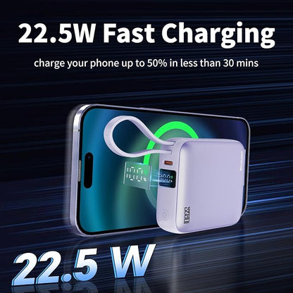 10000mAh Small Portable Charger with Built in Cables LED Display Purple | Mini Power Bank 22.5W USB-C Fast Charging Battery Pack, Travel Essential Power Bank for iPhone, iPad, Samsung, Android