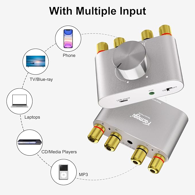 Facmogu F900S 160W Bluetooth 5.0 Mini Amplifier, 80Wx2 2.0CH Audio Power Amplifier, Hi-Fi Stereo Sound Digital Amp Wireless Speaker Amp Receiver w/AUX/USB/BT Input & 12V 5A Power Adapter - Silver