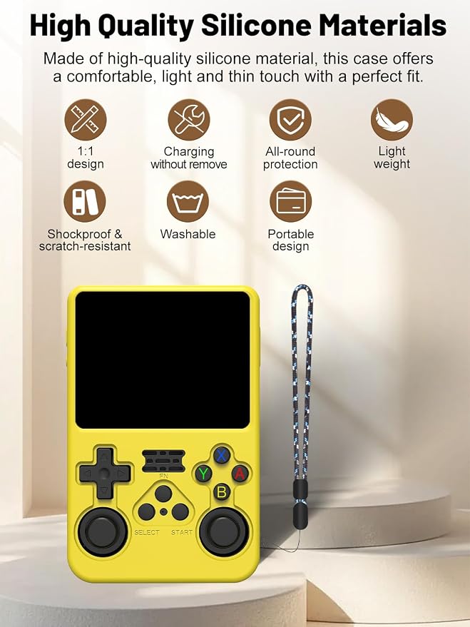 Silicone Protective Case for Anbernic R36S Game Console, Full-Body Protective Cover with Precise Cutout, Shockproof Dustproof Protector Sleeve & Scratch-Resistant Sleeve (Yellow)