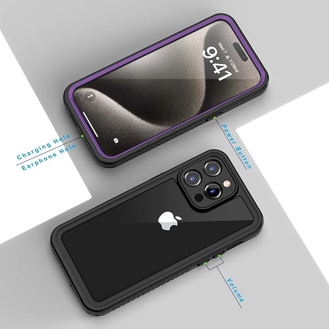 Lanhiem for iPhone 15 Pro Max Case, IP68 Waterproof Dustproof Shockproof Cases with Built-in Screen Protector, 360 Full Body Heavy Duty Rugged Phone Cover for iPhone 15 Pro Max - 6.7 inch (Purple)