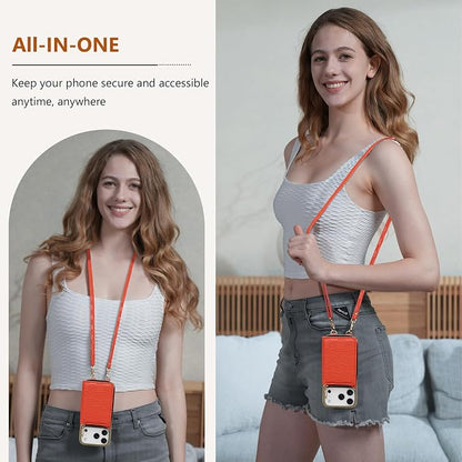 Keallce for iPhone 17 Pro 6.3'' Wallet Case, Crossbody Zipper Purse with 4 Card Slots RFID Blocking, Lanyards & Wrist Straps, Flip Leather Folio Cover with Kickstand for iPhone 17 Pro, Orange