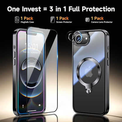 [Tri-Shield Protection] for iPhone 17e/16e Case with 360° Spin Stand Compatible with MagSafe [Magnetic CD Ring] [Screen & Camera Lens Protector] Shockproof Plating Never-Yellowing, Black-6.1"