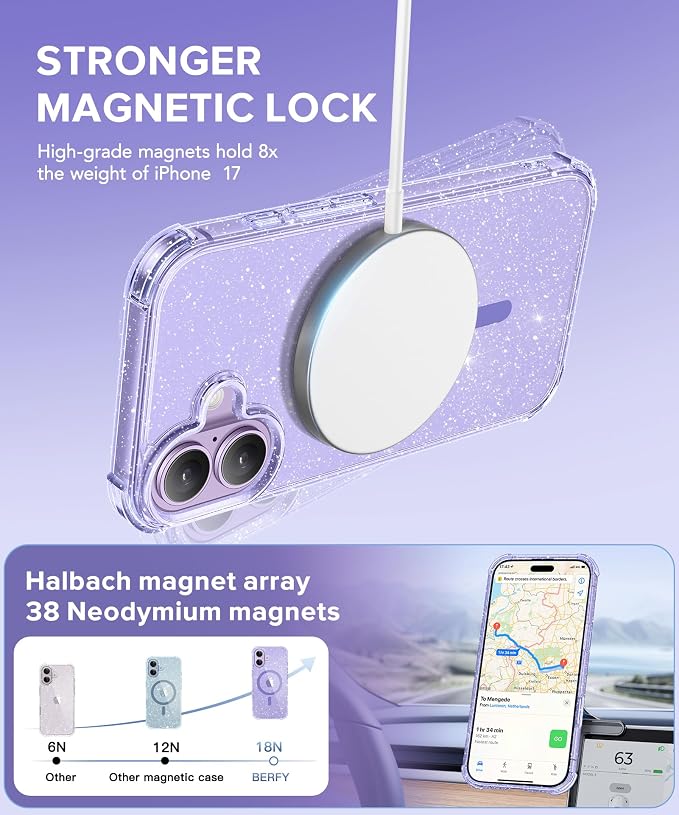 BERFY for iPhone 17 Case for Women, Clear Glitter Shockproof Protective Case, Anti-Yellowing, with Screen Protector & Camera Lens Protector 6.3", Magnetic Sparkle Purple