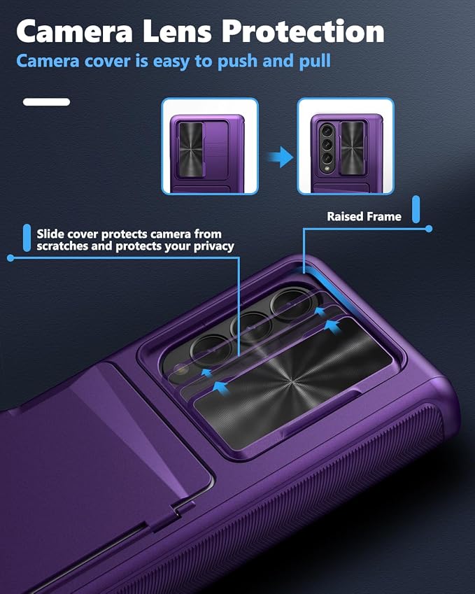 Viaotaily for Galaxy Z Fold 4 Case with Card Holder & Slide Camera Cover, Built-in Screen Protector & Hinge Protection, Shockproof Durable Wallet Phone Case for Galaxy Z Fold 4, Dark Purple
