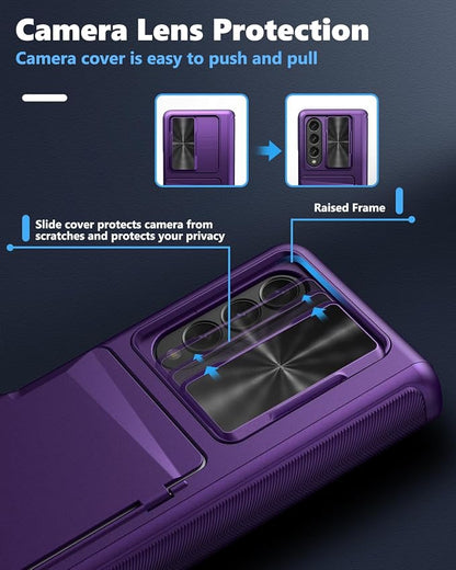 Viaotaily for Galaxy Z Fold 4 Case with Card Holder & Slide Camera Cover, Built-in Screen Protector & Hinge Protection, Shockproof Durable Wallet Phone Case for Galaxy Z Fold 4, Dark Purple