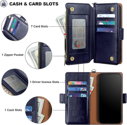 Antsturdy Compatible with iPhone 17 Pro Wallet Case Women,RFID Blocking PU Leather Phone Case Men Kickstand Flip Cover Wrist Strap Zipper Credit Card Holder Slots for Apple 17 Pro 6.3",Dark Blue