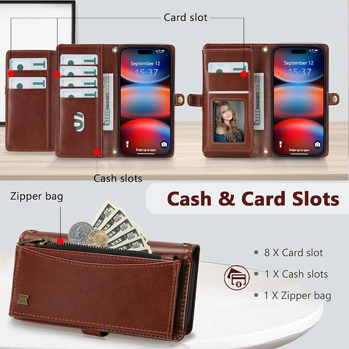 Wallet Case for iPhone 17 Pro Max with Card Holder/Crossbody Wallet/Strap,[RFID Blocking][Magnetic] PU Leather Phone Case for iPhone 17 Pro Max,6.9 in,Brown