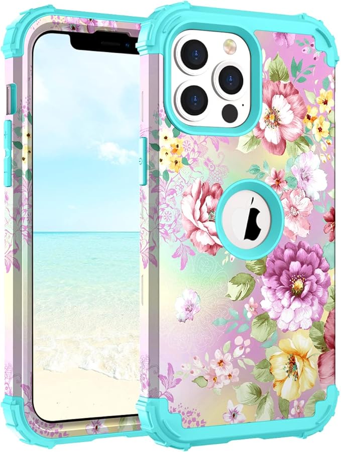 Hocase for iPhone 13 Pro Max Case, Heavy Duty Shockproof Protection Soft Silicone Rubber Bumper+Hard Plastic Hybrid Protective Case for iPhone 13 Pro Max (6.7") 2021 - Purple Florals/Teal