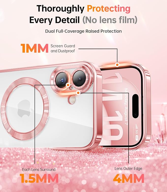 Meifigno Designed for iPhone 17 Case with Ring Stand (6.3"), [Built-in Mirror] [Compatible with MagSafe] [Glitter Card & Wrist Strap] Removable Phone Stand +Designed for iPhone 17 Case, Rose Gold