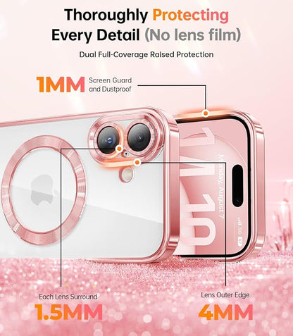 Meifigno Designed for iPhone 17 Case with Ring Stand (6.3"), [Built-in Mirror] [Compatible with MagSafe] [Glitter Card & Wrist Strap] Removable Phone Stand +Designed for iPhone 17 Case, Rose Gold