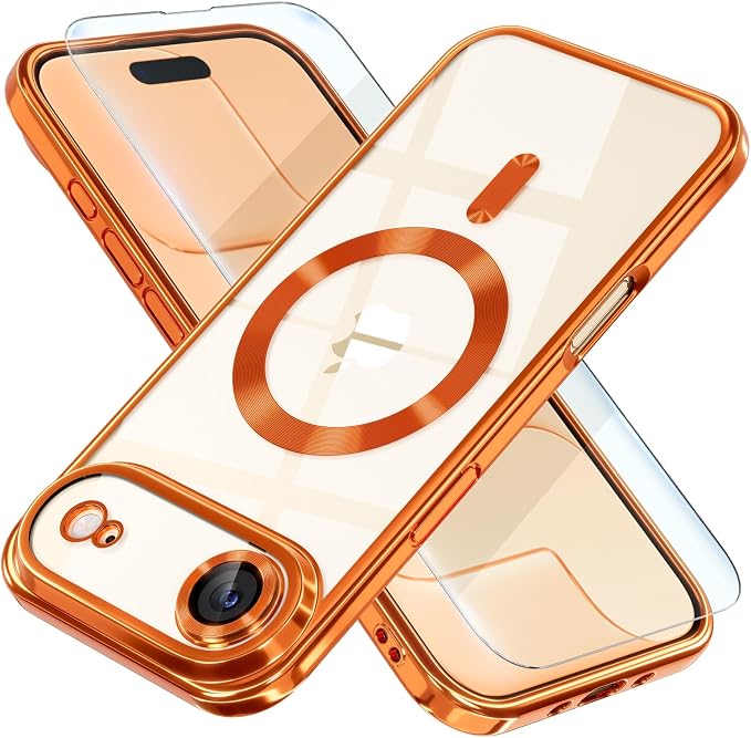 Misea Magnetic for iPhone 17 Air Case Compatible with MagSafe [Never Yellowing] [Military Grade Drop Protection] Full Camera Lens Protector Plating Soft Clear Phone Case for Women, Cosmic Orange