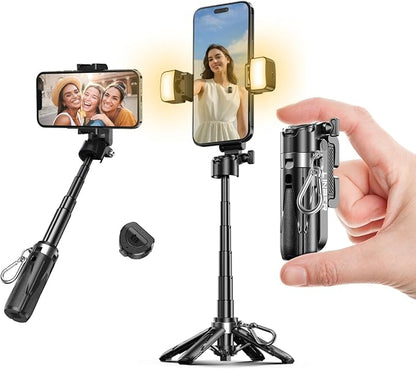 Portable Selfie Stick Tripod with Dual Fill Lights & Bluetooth Remote – 3-in-1 Pocket Size Phone Tripod with 2 Cold Shoe Mounts for iPhone Android – Mini Video Stand for Live Streaming