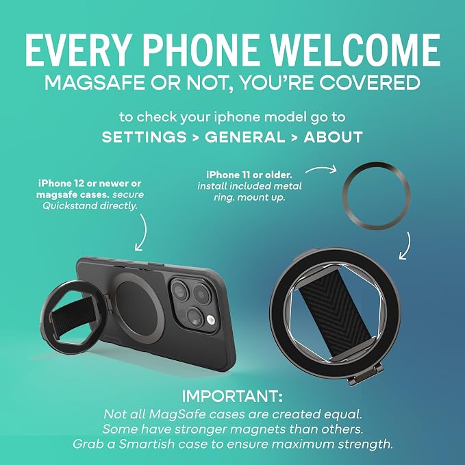 Smartish® MagSafe Grip Kickstand - Quickstand - Magnetic Cell Phone Finger Loop Grip - [Dual-Sided Magnets] Ring Holder Mount w/MagSafe Adapter Kit for Apple iPhone Accessories - Black Tie Affair