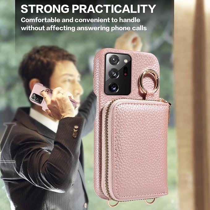 Wallet Case for Samsung Galaxy Note 20 Ultra 5G Shoulder Strap Ring Buckle Zipper Flip Organ Purse Card Holder Phone Cover for Note20 Plus Notes 20Ultra Note20+ U + 20+ Twenty Not S20 Rose Gold