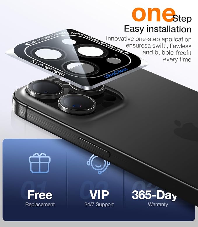 UltraGlass UNBREAK TOP 9H+ Glass for iPhone 15 Pro Max/15 Pro Lens Protector [Military Grade Shatterproof & Longest Durable] Camera Lens Protector 15 Pro/ 15 Pro Max Tempered Glass, Black