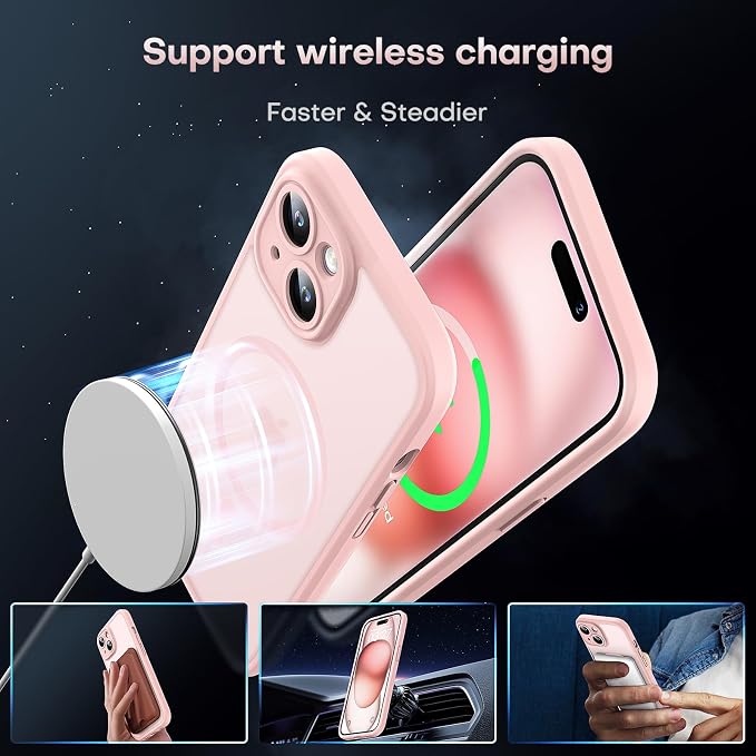 TOCOL Magnetic for iPhone 15 Plus Case, Upgraded Full Camera Protection, Compatible with Magsafe, Drop Protection, Translucent Matte Back Bumper Phone Cover 6.7-Inch (Light Pink)