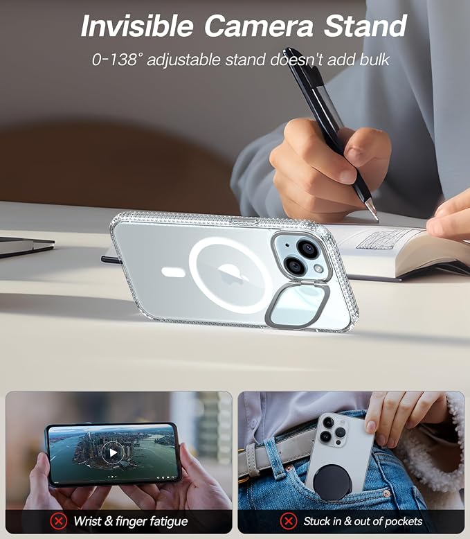 [Upgraded] for iPhone 15 Case with Camera Cover Stand [Fit for MagSafe][9H Camera Lens Protector] Mil-Grade Protection Transparent Magnetic iPhone 15 Phone Case, Clear