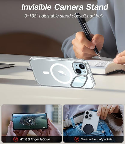 [Upgraded] for iPhone 15 Case with Camera Cover Stand [Fit for MagSafe][9H Camera Lens Protector] Mil-Grade Protection Transparent Magnetic iPhone 15 Phone Case, Clear