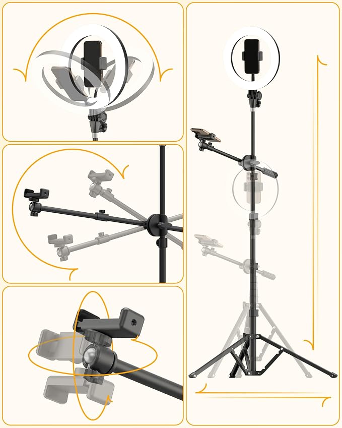 LUXSURE Ring Light with Stand for Phones, Tripod with Ring Light for iPhone, Overhead Phone Mount 10.5" with Phones Stand and Remote, Phone Tripod with Light for Video Recording/Live Stream/Cooking