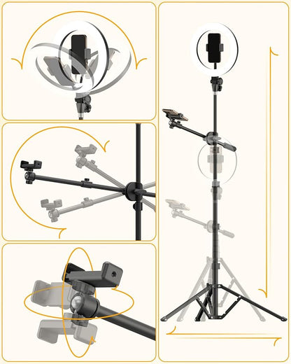 LUXSURE Ring Light with Stand for Phones, Tripod with Ring Light for iPhone, Overhead Phone Mount 10.5" with Phones Stand and Remote, Phone Tripod with Light for Video Recording/Live Stream/Cooking
