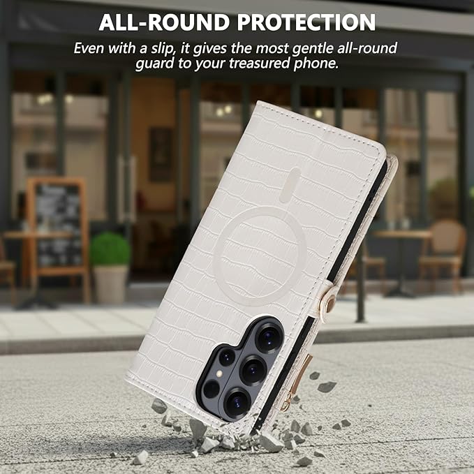 Crossbody Wallet Case for Samsung Galaxy S26 Ultra with Mirror, Wrist Strap, Zipper Purse Magnetic Flip, RFID Blocking Card Holder, PU Leather Shockproof Women (White)