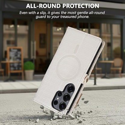 Crossbody Wallet Case for Samsung Galaxy S26 Ultra with Mirror, Wrist Strap, Zipper Purse Magnetic Flip, RFID Blocking Card Holder, PU Leather Shockproof Women (White)