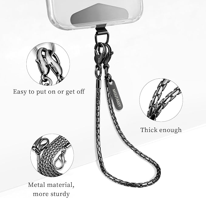 MOUTAKEY Phone Wrist Strap Metal Phone Chain Wristlet Strap Detachable iPhone Lanyard Wrist with 2 Tether Tabs iPhone Charm strap For Women girls Shopping Traveling Party Walking