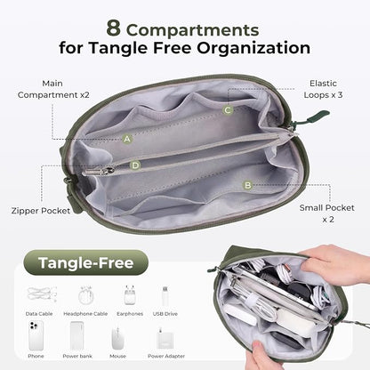 FYY Travel Cable Organizer - 8 Compartments, Lightweight, Water Repellent | With Wrist Strap, Portable Tech Pouch for Cord Charger, Travel and Business Trips Use, Soft Shell Nylon, Green (Medium)