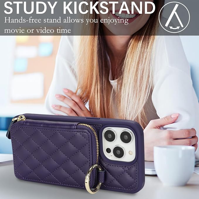 Crossbody Wallet Case for iPhone 14 Pro Max, PU Leather Zipper Handbag Purse Flip Cover, Kickstand Folio Case with Card Slots Holder Wrist Strap Lanyard 5G 6.7 Inch-Purple
