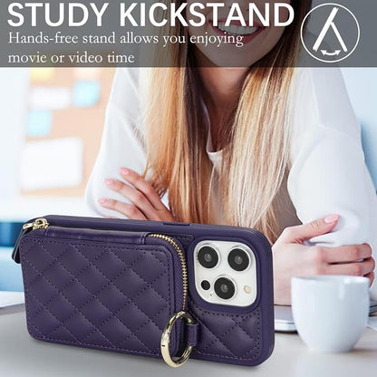 Crossbody Wallet Case for iPhone 14 Pro Max, PU Leather Zipper Handbag Purse Flip Cover, Kickstand Folio Case with Card Slots Holder Wrist Strap Lanyard 5G 6.7 Inch-Purple