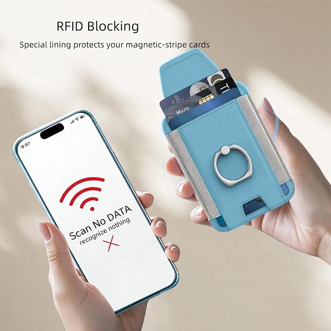 for Magsafe Wallet, Slim Magnetic Card Wallet with Grip, 7 Cards Holder RFID Blocking, Ring Stand Stick on Wallet with Privacy Flap(Sky Blue)