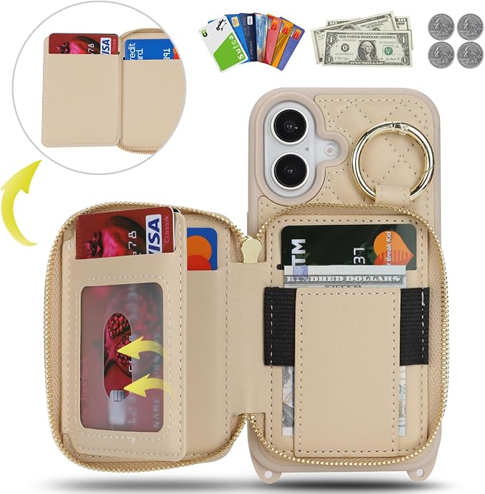 Crossbody Wallet Case for iPhone 17, PU Leather Zipper Handbag Purse Flip Cover, Kickstand Folio Case with Card Slots Holder Wrist Strap Lanyard 5G 6.3 Inch-White