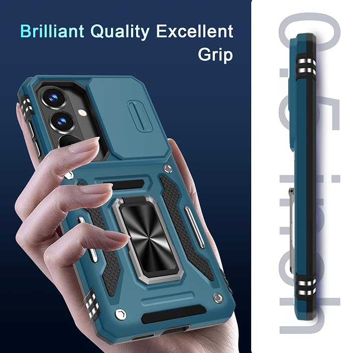 DEERLAMN Case for Samsung Galaxy A37 5G with Slide Camera Cover+Screen Protector (1 Pack), Rotated Ring Kickstand Military Grade Shockproof Protective Cover-Light Blue