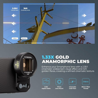 Freewell 1.33x Gold Anamorphic Lens Compatible with 17mm Mount iPhone, Samsung - Cinematic Smartphone Lens with Wide Aspect, Rich Gold Flare, and Enhanced Film Look